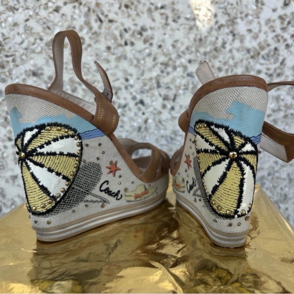 Coach Caroline Leather Wedge Sandal Size 8B 
Beach Summer Vacation Rare Beaded - Picture 2 of 15